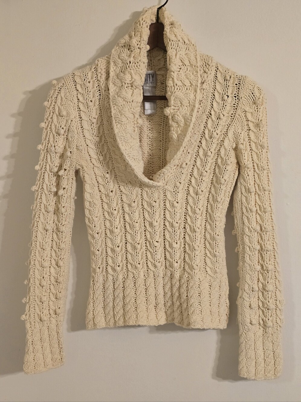 City DKNY Cozy Cream Cable-Knit Cowl Sweater Cardigan Sz SP